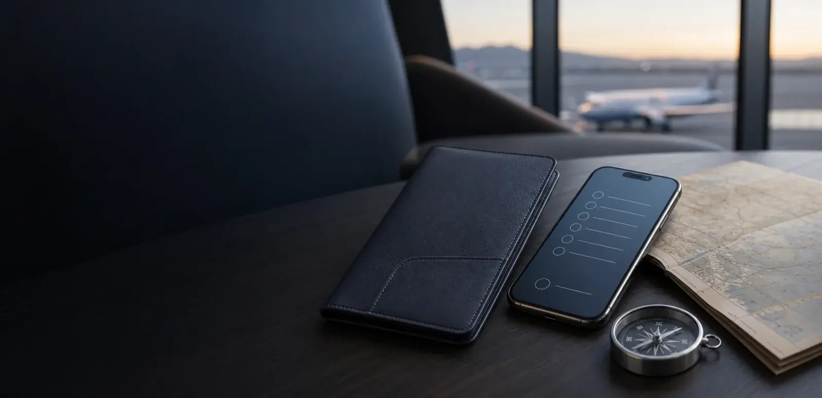 Organized travel documents beside a phone with a checklist